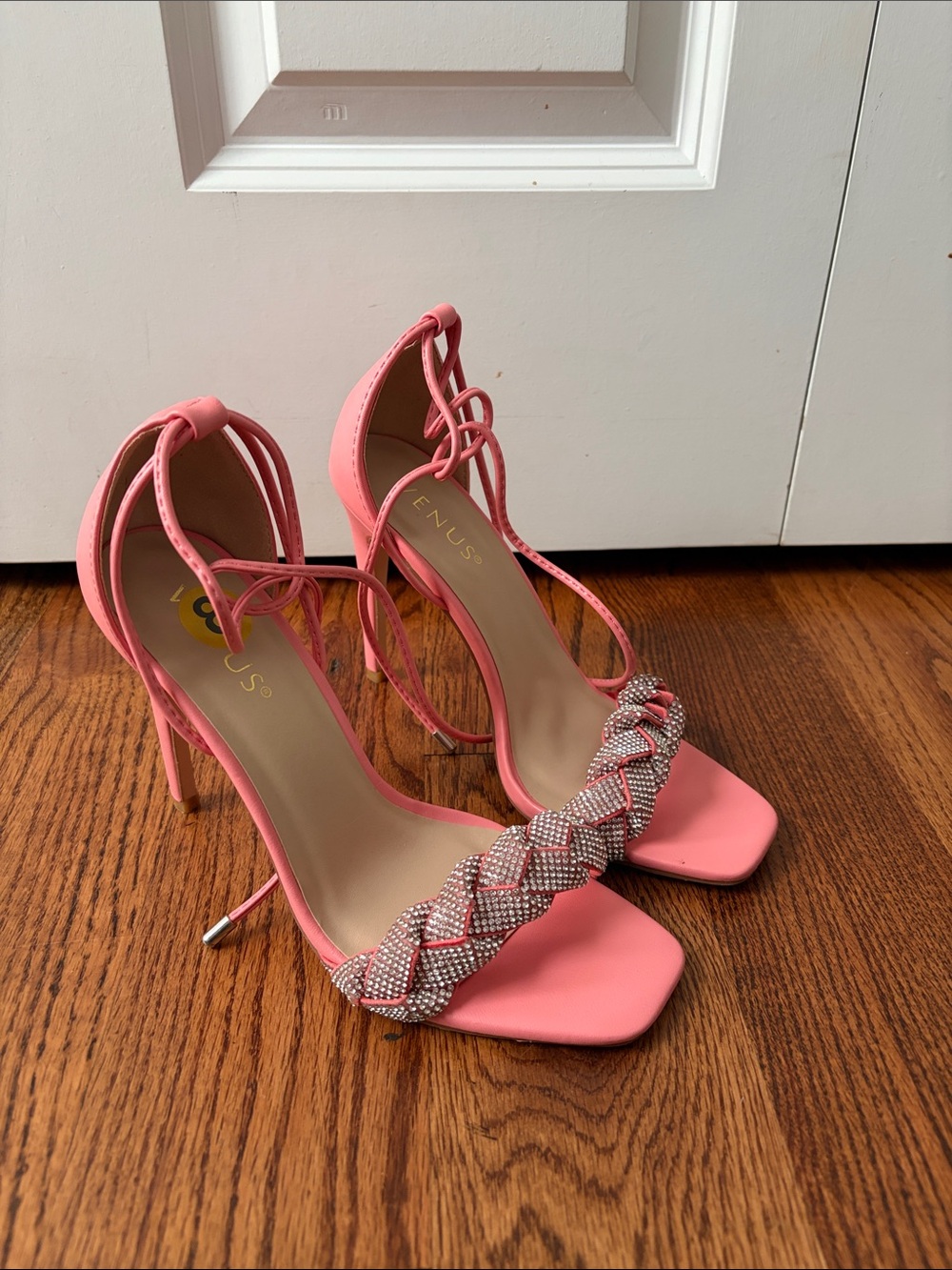 Venus Pink Braided Rhinestone Strap Stiletto Sandals Size 8 New